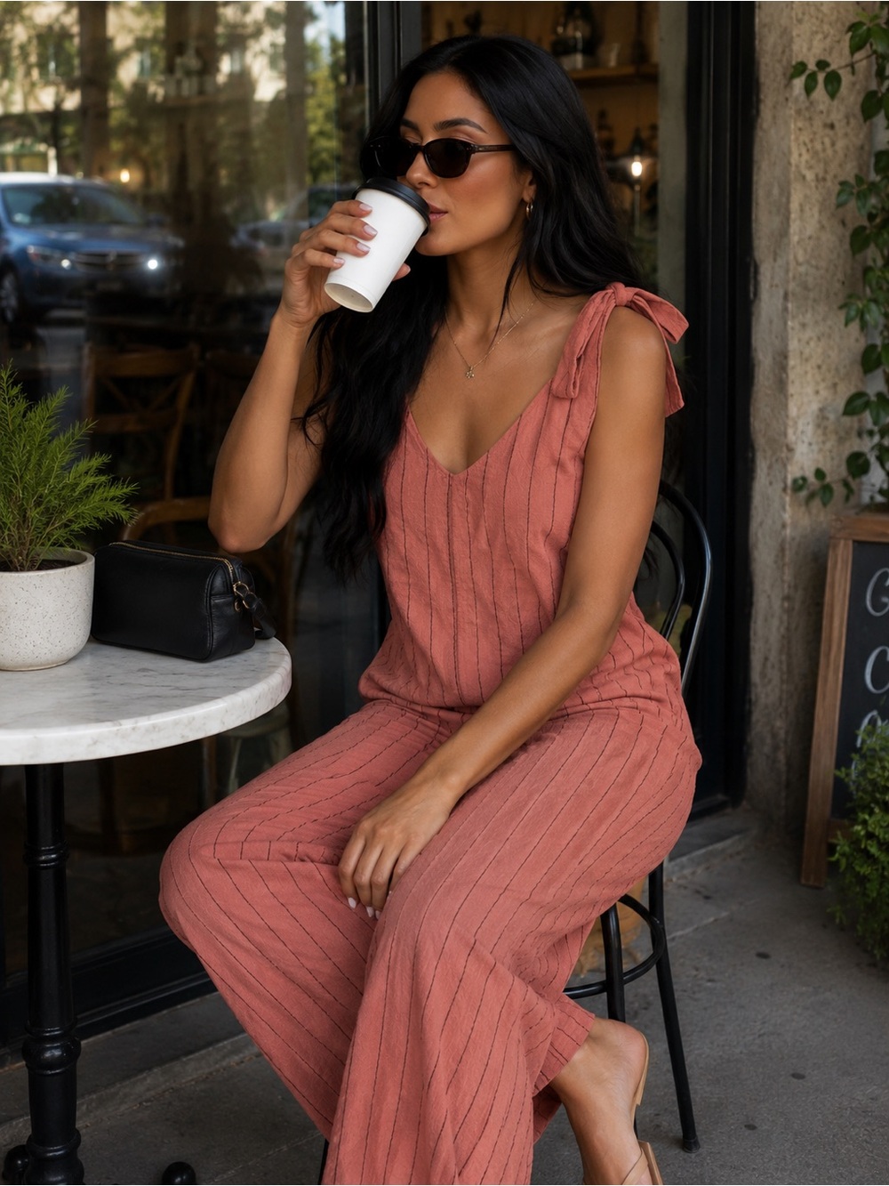 URBAN Romantics Dusty Rose Tie-Shoulder Ribbed Jumpsuit